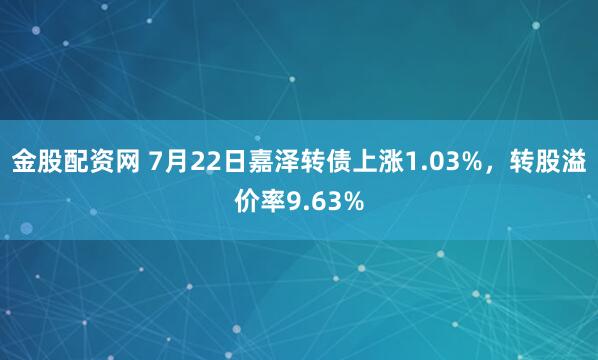 金股配资网 7月22日嘉泽转债上涨1.03%，转股溢价率9.63%